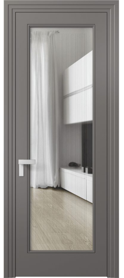 Межкомнатная дверь Rocca 8300 Матовый классический серый Прозрачное стекло с гравировкой "Каннелюры", триплекс Цена 91899 ₽ | Volhovec