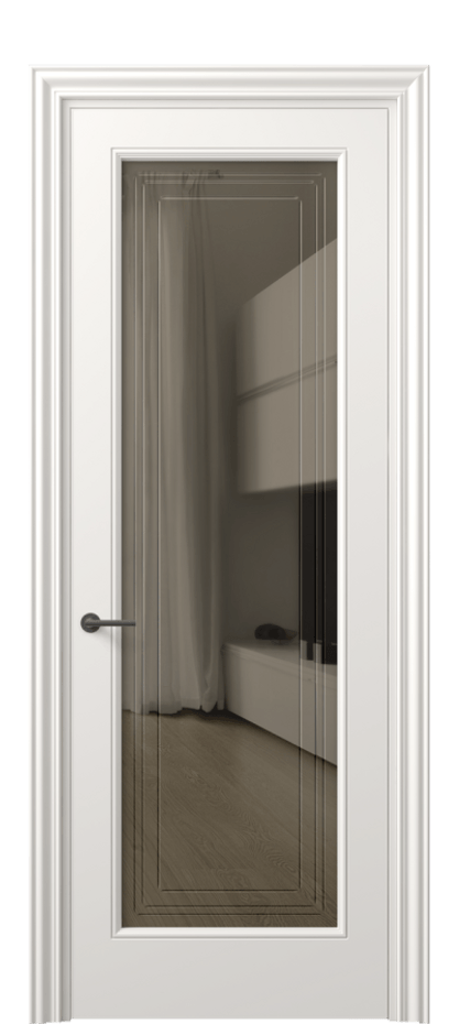 Межкомнатная дверь Mascot 8400 Матовый пудровый белый Прозрачное бронзовое стекло с гравировкой "Грани", триплекс, 7 мм Цена 62079 ₽ | Volhovec