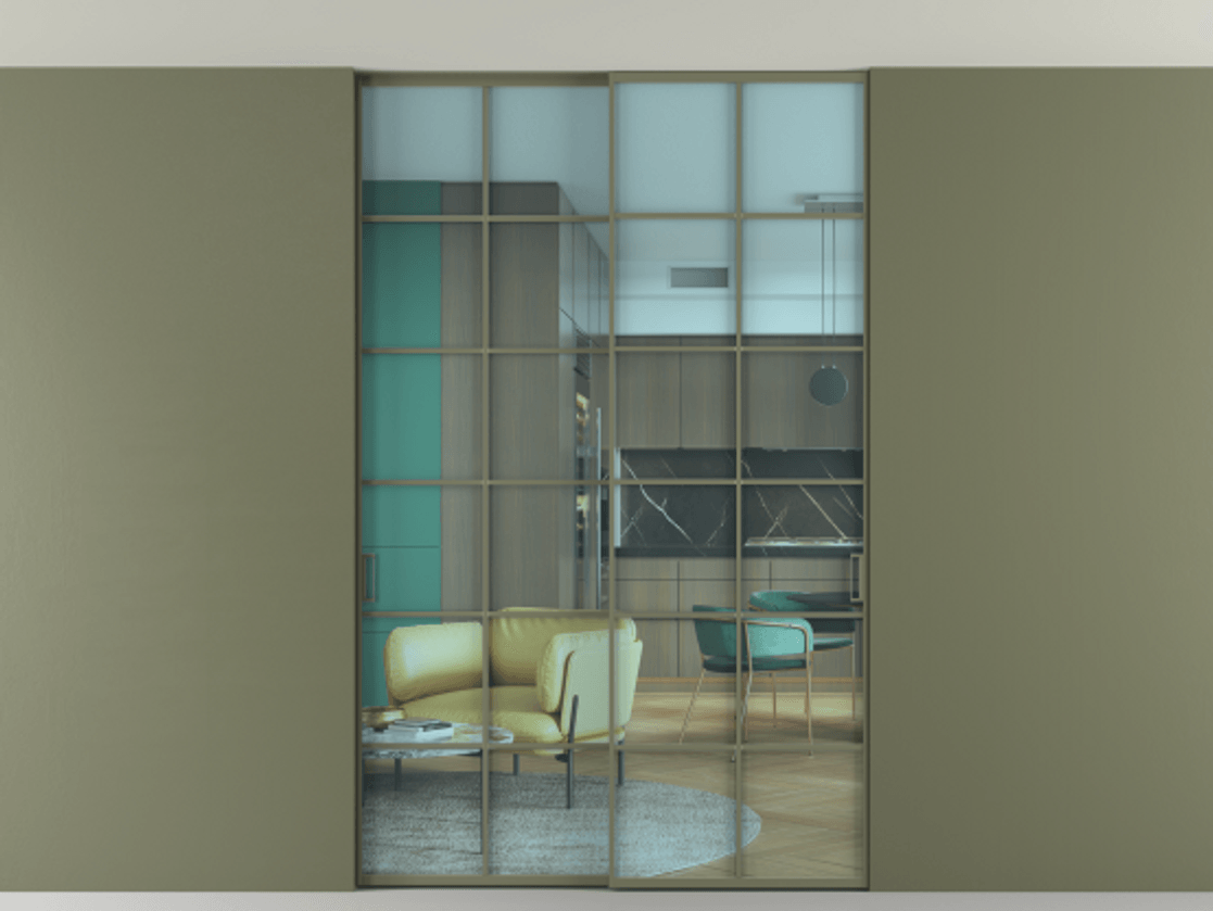 Перегородка Formato внутри проёма скрытое крепление в потолок 2 створки АЛПР 040.05 Алюминий оливковый тёмный Прозрачное голубое стекло, триплекс Цена 270204 ₽ | Volhovec