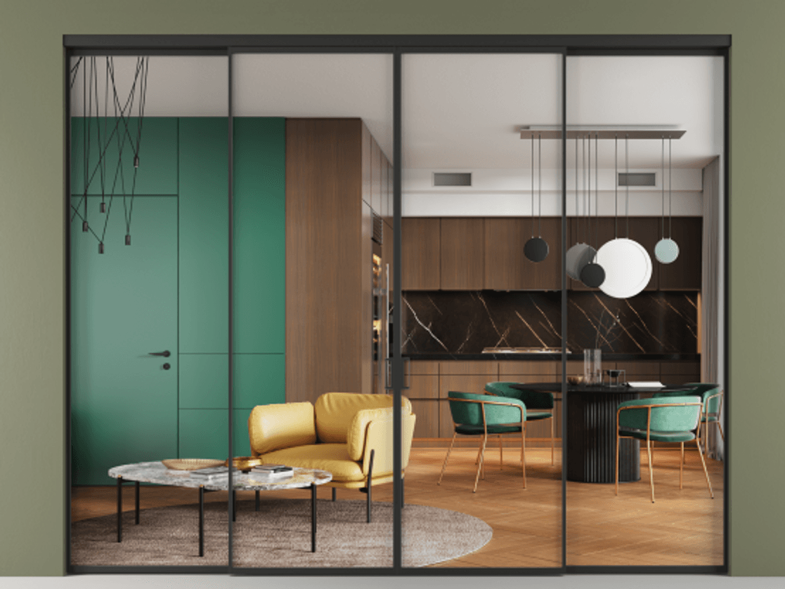 Перегородка Формато внутри проёма 4 створки АЛПР 040.01 Алюминий Черный Прозрачное стекло "Кристал Вижн", калёное. Скрытый короб ЧЕР Цена 332960 ₽ 1. Полотно 4 шт. (800/2100 мм)
2. Комплект установки раздвижной системы
3. Базовый комплект фурнитуры
4.Ручка Рондо. Фабрика дверей Волховец 8 (800) 551 43 19 Перегородка Формато внутри проёма 4 створки АЛПР 040.01 Алюминий Черный Прозрачное стекло "Кристал Вижн", калёное Цена 332960 ₽ | Volhovec