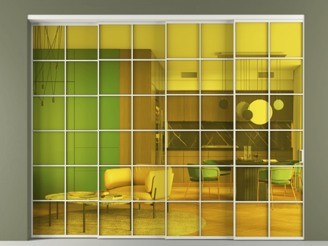 Перегородка Formato внутри проёма 4 створки с синхронным механизмом АЛПР 040.05 Алюминий серый Прозрачное жёлтое стекло, триплекс Цена 488680 ₽ | Volhovec