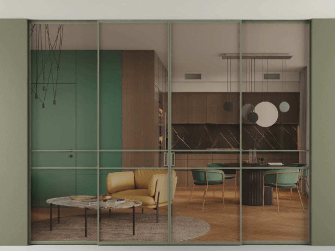 Перегородка Formato внутри проёма четырёхстворчатая со скрытым креплением в потолок АЛПР 040.02 Алюминий оливковый тёмный Прозрачное бронзовое стекло, триплекс, 6 мм Цена 493120 ₽ | Volhovec