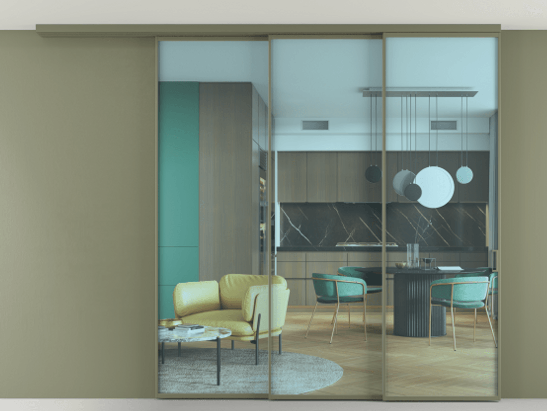 Перегородка Формато вдоль стены на потолок 3 створки с синхронным механизмом АЛПР 040.01 Алюминий оливковый тёмный Прозрачное голубое стекло, триплекс Цена 382108 ₽ | Volhovec