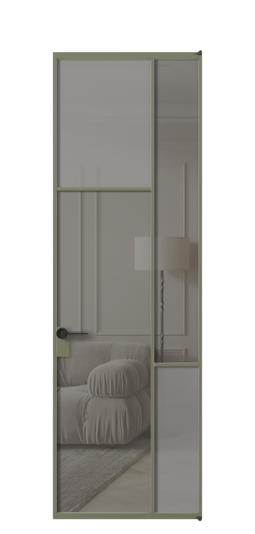 Дверь межкомнатная АЛПЛ041.10 АОТ Серый сатин матовое + Серый прозрачное. Цвет Алюминий оливковый тёмный. Материал Алюминий в эмали. Коллекция Mosaic. Картинка.