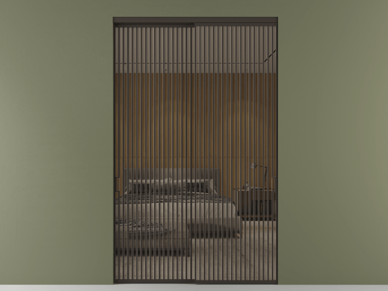 Алюминевая перегородка АЛПР 040.06_ААН_Stopsol Bronze_new. Цвет Алюминий антрацит. Материал Алюминий в эмали. Коллекция Перегородка Formato внутри проёма 2 створки. Картинка.