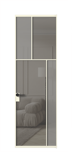 Дверь межкомнатная АЛПЛ041.23 АМБ Серый сатин матовое + Серый прозрачное. Цвет Алюминий молочно-белый. Материал Алюминий в эмали. Коллекция Mosaic. Картинка.