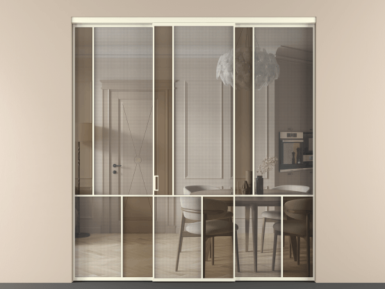 Алюминевая перегородка vn3_3_АМБ_MS+Бронза триплекс_new. Цвет Алюминий молочно-белый. Материал Алюминий в эмали. Коллекция Перегородка Mosaic внутри проёма 3 створки. Картинка.