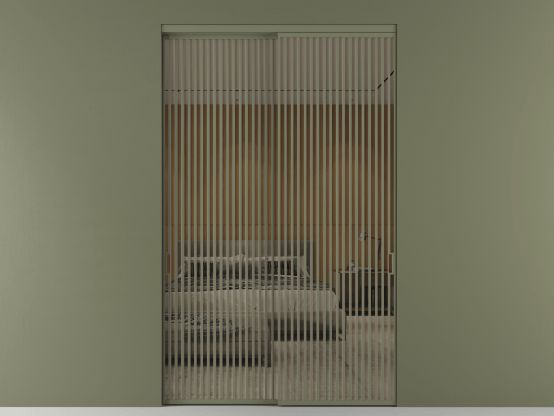 Алюминевая перегородка АЛПР 040.06_АОТ_Stopsol Bronze_new. Цвет Алюминий оливковый тёмный. Материал Алюминий в эмали. Коллекция Перегородка Formato внутри проёма 2 створки. Картинка.